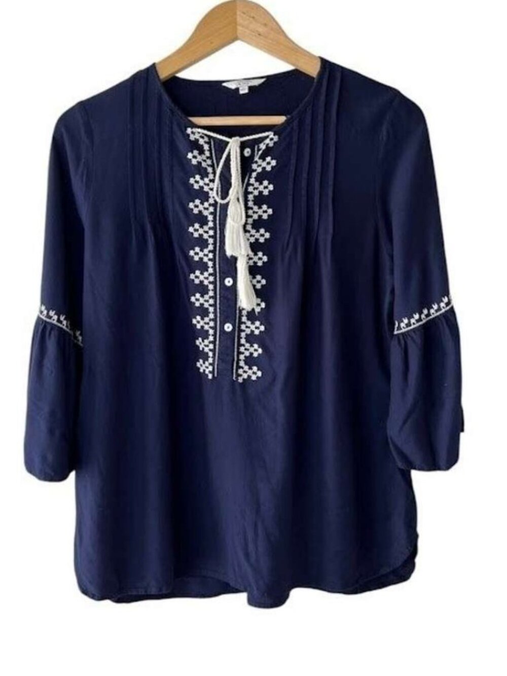 Navy Blue Embroidered Tassel Tie Boho Blouse